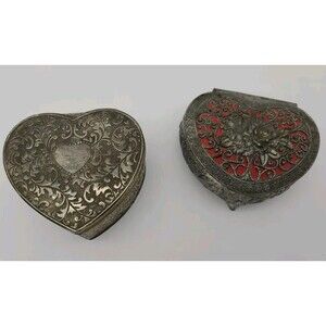 Set 2 Etched Heart Silver Plated Jewelry Trinket Boxes Lid Lined Red Godinger